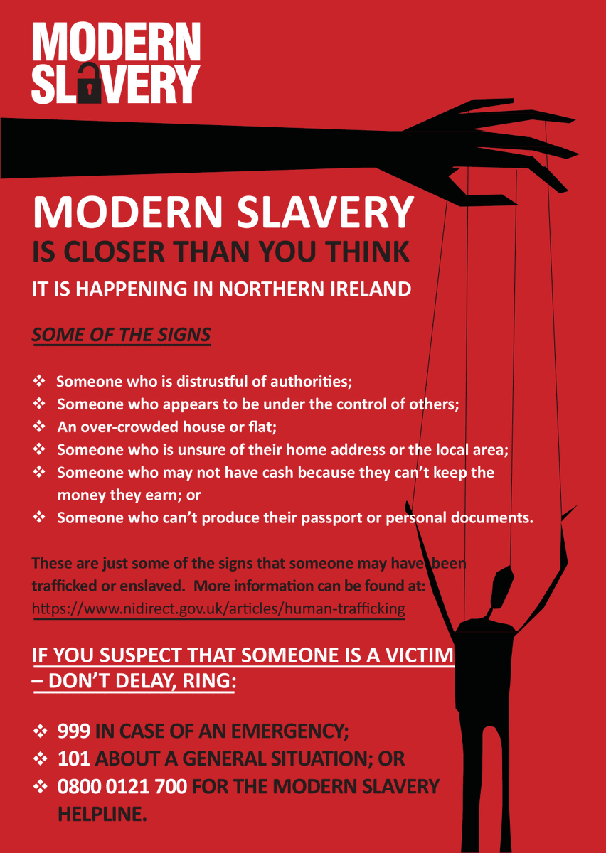 Police Service NI (@policeserviceni) on Twitter photo Human trafficking is happening in Northern Ireland. By knowing what to look out for - you could save someone’s life.
If you spot something that doesn't look right, report to:
Police on 101 or 999 in emergency
<a href="/mshelpline/">Modern Slavery & Exploitation Helpline</a> on 08000 121 700
<a href="/Justice_NI/">Justice NI</a> Human trafficking is happening in Northern Ireland. By knowing what to look out for - you could save someone’s life.
If you spot something that doesn't look right, report to:
Police on 101 or 999 in emergency
<a href="/mshelpline/">Modern Slavery & Exploitation Helpline</a> on 08000 121 700
<a href="/Justice_NI/">Justice NI</a>