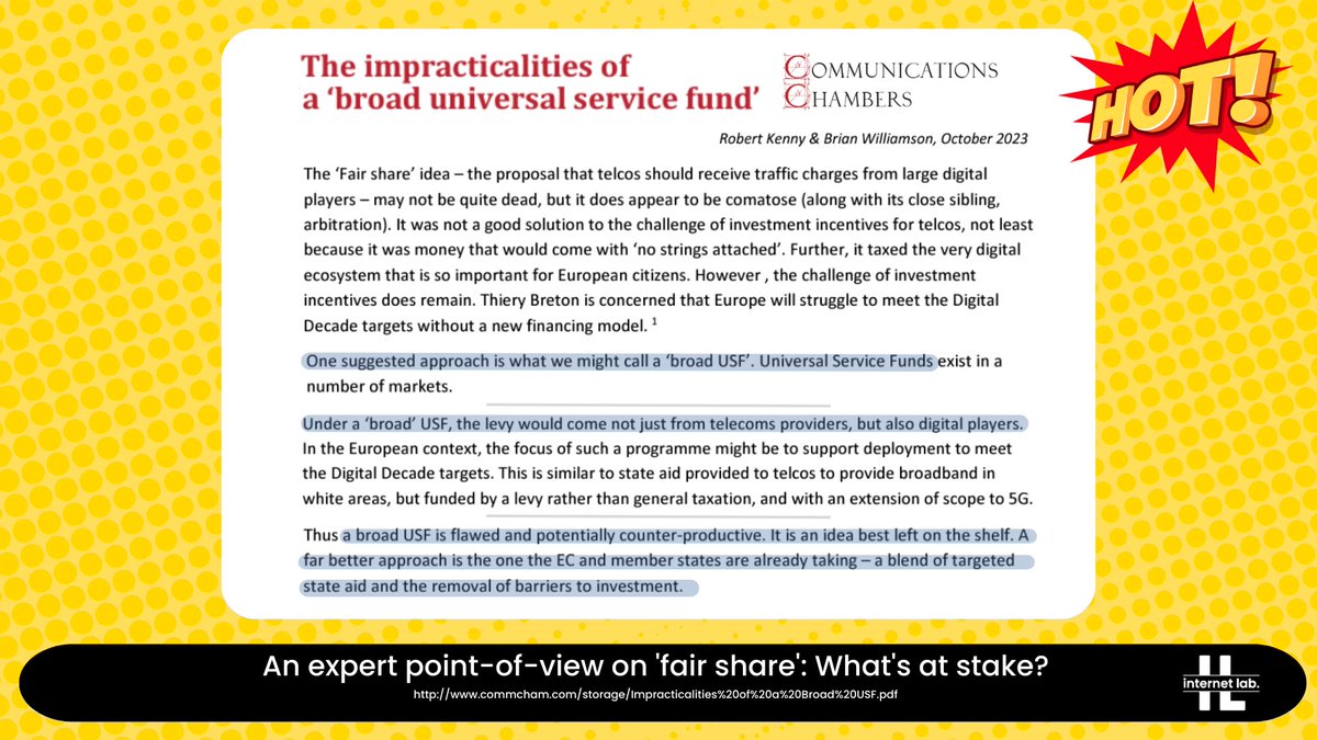 the_info_labs's tweet image. 🔥 @CommCham concludes that a broad #UniversalServiceFund (USF), floating as alternative to a #FairShare, is another idea "best left on the shelf". For them the better approach is a blend of targeted state aid &amp;amp; the removal of barriers to investment

🔗 commcham.com/storage/Imprac…