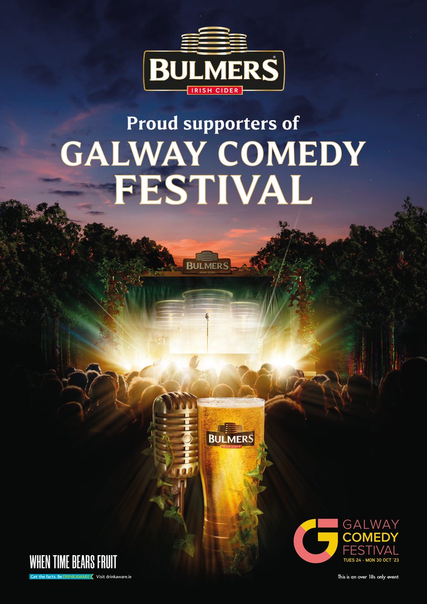 As the official cider of #GCF23, this collab unites the refreshing taste of @BulmersIreland and the zest of @galwaycomedy. With Bulmers on tap at venues, raise a glass to an exciting merger of comedy and refreshment. Visit galwaycomedyfestival.ie for tickets and be @Drinkaware_ie