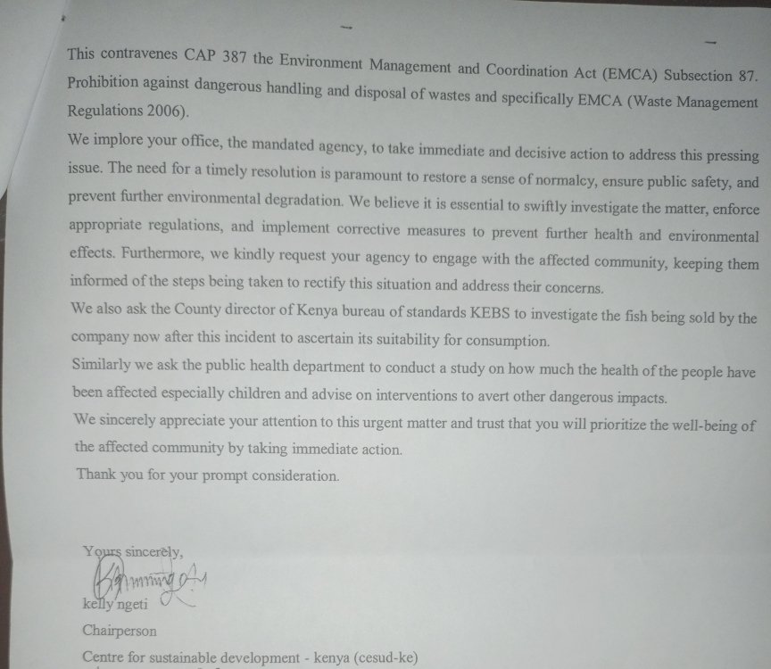 Clean and healthy environment is the right of every Kenyan. Article 42.
In regards to a consistent nuisance odour in Miritini we have written to <a href="/NemaKenya/">NEMA Kenya</a> to demand action!
<a href="/kellyngeti/">Kelly Ngeti</a> <a href="/NellyEleanor_/">Nelly Wanjiru</a> <a href="/MombasaCountyKe/">Mombasa County</a> <a href="/HakiYetuOrg/">Haki Yetu</a> <a href="/HakiAfrica/">HAKI Africa</a> <a href="/MUHURIkenya/">Muslims for Human Rights (MUHURI)</a> <a href="/MombasaCountyKe/">Mombasa County</a>