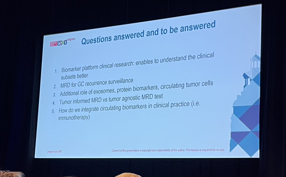 Prof @JeeyunM highlighting biomarker platform based research in GC; use of liquid bio markers; discordant HER 2 expression IHC v cfDNA #ESMO23 #GI