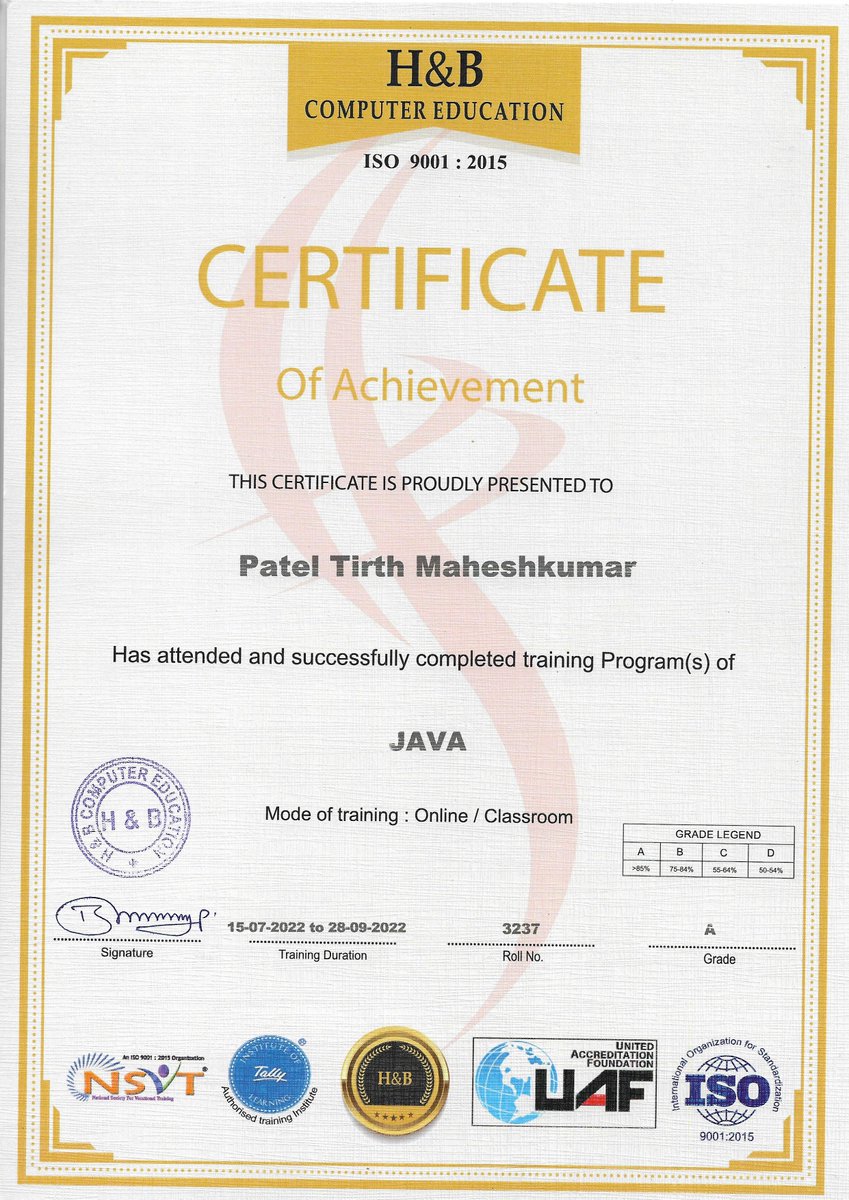 TweetsofTirth's tweet photo. Exciting news! 🎓 Just received my Java certificate from H and B Computer Education. 🙌💻 Ready to take my coding skills to the next level! 💪 #Java #Certification #CodingJourney @EduMinOfIndia @elonmusk https://t.co/nQO3PuRMo8