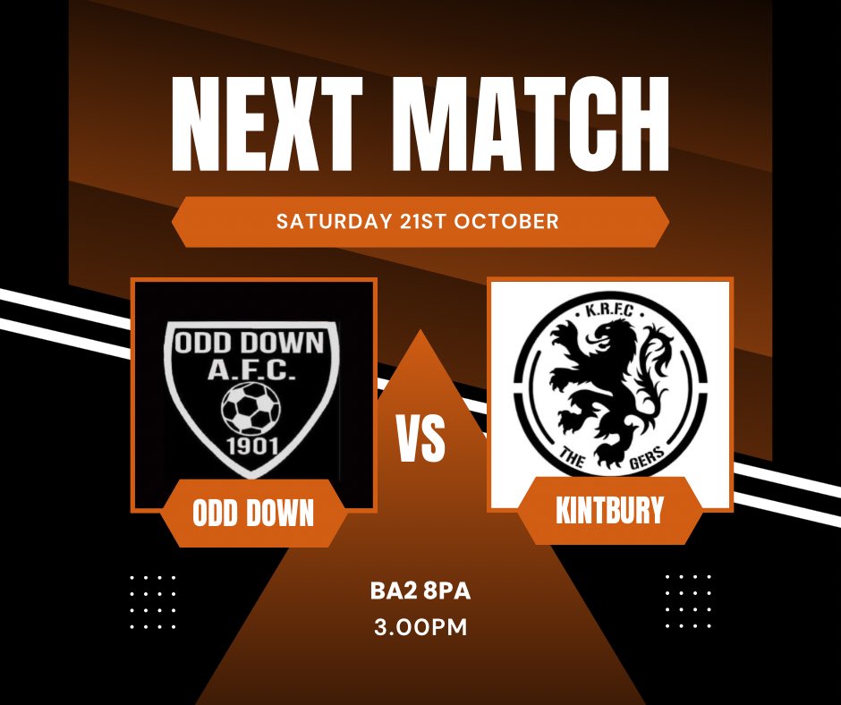 The weekend ahead for the 1st team. 🧡🖤

🎟️ - £3

🆚 @ODownfc 
🏆 <a href="/WiltsLeague/">Wiltshire Senior League</a> 
🏟️ BA2 8PA 
⏰ 3.00pm 
🍺 Bar Open