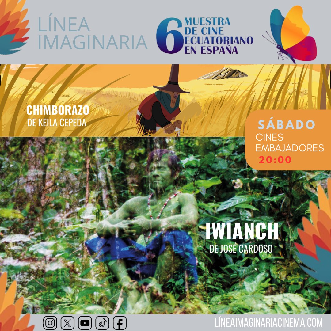 HOY! 20:00 en <a href="/CineEmbajadores/">Cines Embajadores</a> proyectamos #Chimborazo de Keila Cepeda y IWIANCH de José Cardoso. Te esperamos! 
<a href="/CECUMad/">Consulado General del Ecuador en Madrid</a> <a href="/AsoRuminahui/">Asociación Rumiñahui</a> <a href="/EcuatorianaFM/">EcuatorianaFM</a> #cineecuatoriano #lineaimaginariacinema