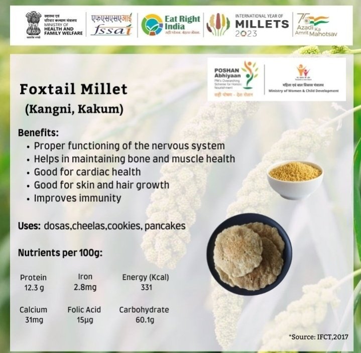 MilletsOfIndia's tweet photo. Incorporating 🌾 #Millets #Shreeanna into a daily diet also ⬇️ the risk of #heart disease. Take, for example, #Foxtail #Millet, a Minor Millet, named as such because it resembles the tail of a fox. Many 😋recipes are available besides taking it in the form of #ambali. #IYM2023 https://t.co/TvqkQx5UO7