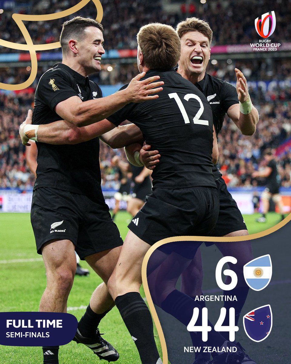 New Zealand are headed to the 2023 Rugby World Cup final🔥

The All Blacks will have a shot at winning a record fourth title after demolishing Los Pumas⚔️

They await the winner between South Africa and England in the finale

#RWC2023 #ARGvNZL