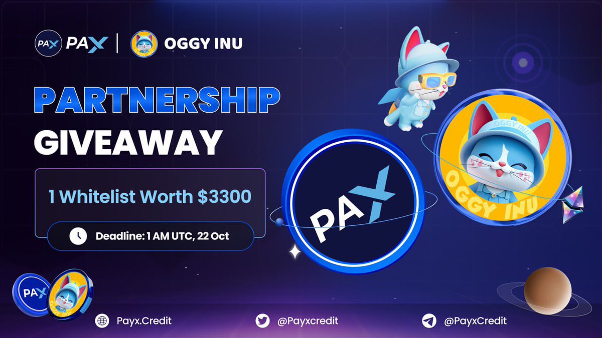 Professor8x's tweet photo. 🎁 PAYX x OGGY INU: PARTNERSHIP GIVEAWAY

Để kỷ niệm mối quan hệ hợp tác khăng khít với dự án Oggy Inu. Chúng tôi vui mừng ra mắt sự kiện "PayX x Oggy Inu: Partnership Giveaway".

🎁 Giải thưởng: 1 slot whitelist Oggy Inu trị giá 3300usd (Whitelist max buy 0.25 ETH)
🥇 Cơ chế: 1 người chiến thắng duy nhất được chọn ngẫu nhiên bởi TaskON (hoàn thành hết nhiệm vụ)
⏰ Deadline: 8h sáng ngày 22/10
👉 Tham gia ngay: https://t.co/etXSLriNjn 

Về Oggy Inu:
- Dự án đã x2700 trên mạng BSC và là dự án có Marketcap cao nhất BSC năm 2023 từ Pinksale.
- Dự án đang kiểu khai Audit Certik.
- Whitelist là cơ hội tham gia khi dự án khi launch trên ETH.