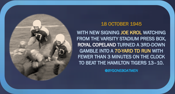 BygoneBoatmen's tweet photo. On this day in 1945, in his last game as the pivotal figure in the Argonaut offence before giving way to Joe Krol, Royal Copeland signed off with a bang at the expense of the Hamilton Tigers.
#Argos150 #PullTogether #YeaArgos https://t.co/wMetj0mzNz