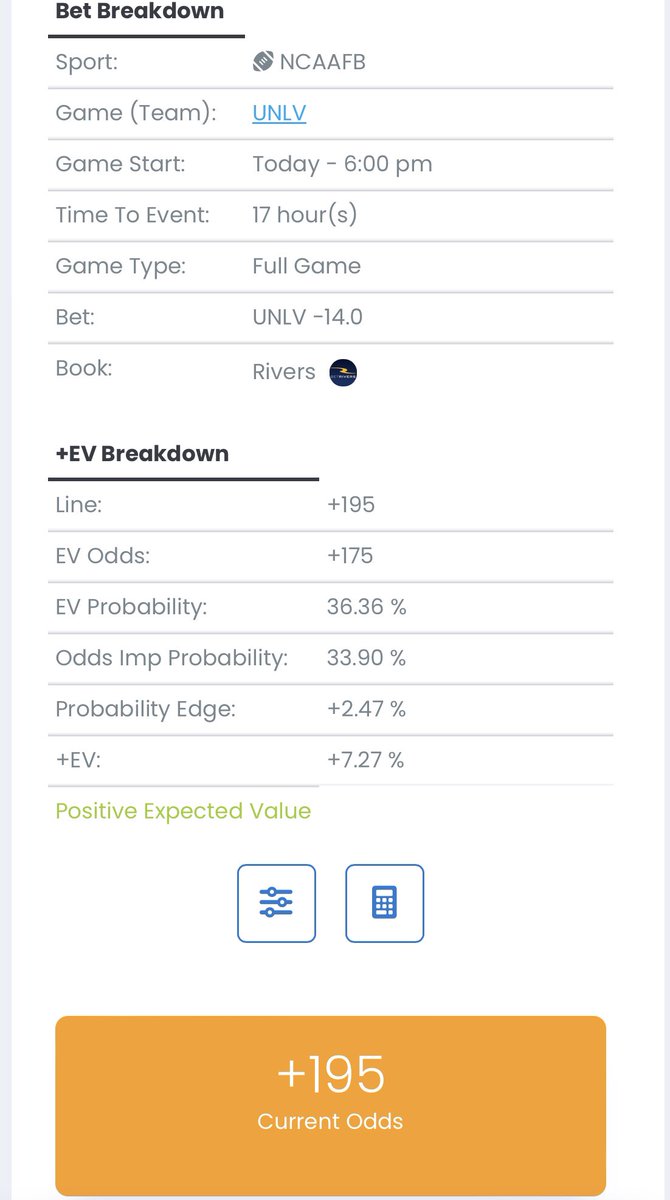 SB_Intel's tweet image. UNLV -14 at +195 on BetRivers is 7.3% +EV to the fair value line of +175. UNLV kicks off with Colorado State at 6:00 pm on Saturday.

BetRivers has a bunch of +EV NCAAF lines right now. Check out the Plus EV Lines scanner for more: sportsbettingintel.com/odds/plusEV.php

#sportsbetting #plusEV