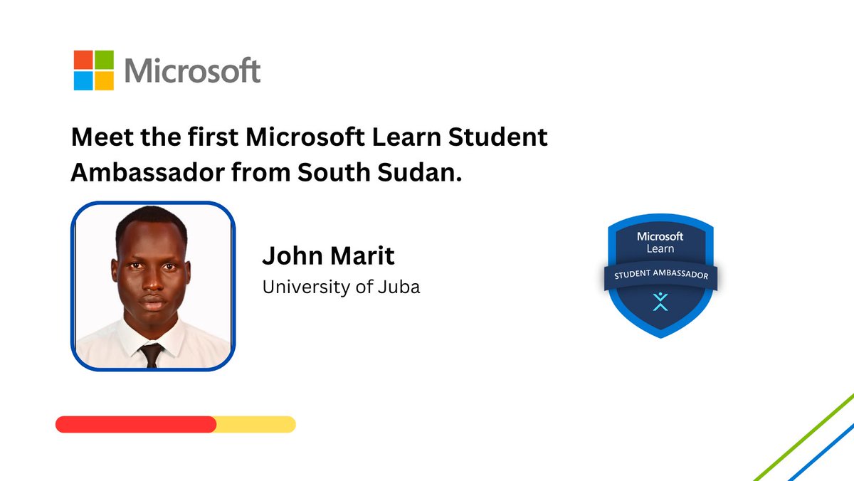 Maritsz's tweet photo. It’s with greatest joy that I share my newest journey and challenge, I have been selected as the first Microsoft Learn Student Ambassador in South Sudan.

It’s a year ago that I was selected as the first @GDSC_UoJ , a community I built from scratch to be functioning today.

#mlsa https://t.co/nONl6dFjQy