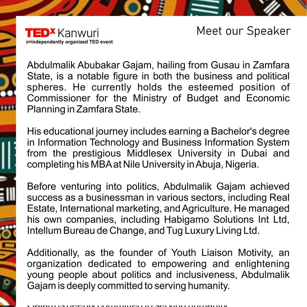 Officialgajam's tweet photo. Excited to announce that I'll be attending TEDx Kanwuri! 🎉🎤 Get ready for a day filled with incredible ideas, inspiring speakers, and thought-provoking discussions. #TEDxKanwuri #IdeasWorthSpreading #TEDxAdventure https://t.co/8o9gHARnmK