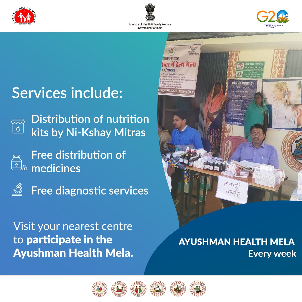 Unite with every citizen across the country to be a part of the #AyushmanBhav campaign by visiting the nearest #AB_HealthandWellnessCentre and availing the various services at the #AyushmanHealthMela.

Visit the nearest centre and take ownership of your  health now!