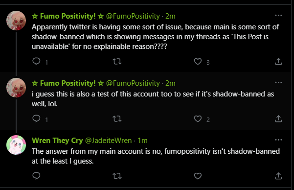 FumoPositivity's tweet photo. I can't even see the post I made from my main on this account without looking at my main's replies, I'm actually really miffed about this and apparently is happening to a lot of people?

It means my friend can't see my precure liveblogging easily. https://t.co/Kx3V2tP1iO