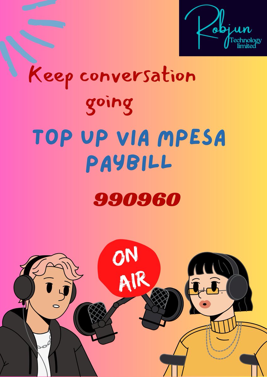 RobjunLimited's tweet image. Another day to provide you a platform for airtime recharge

Use mpesa paybill 990960 where account is the Number to top up