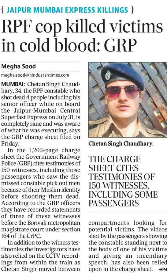 RPF constable killed victims in cold blood, was sane: GRP 
[Jaipur Mumbai Express killings]

<a href="/htTweets/">Hindustan Times</a> <a href="/memeghasood/">megha sood</a>