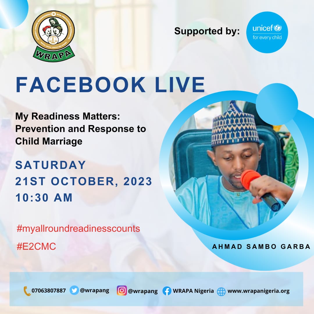 Hello join me to attend the Facebook live on protection and response to child Marriage organized by <a href="/WRAPANG/">WRAPA Nigeria</a> Nigeria and supported by <a href="/UNICEF/">UNICEF</a> Nigeria in commemoration of the International day of the #Girlchild #E2CMC #wrapaadvocates register via this link: fb.me/riwBNH75fy2RlA4