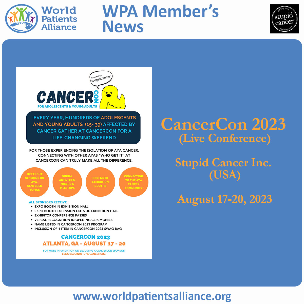 WorldPatients's tweet image. Reliving the magic of #cancercon2023 by @StupidCancer 
 
🌈 Atlanta, GA, was a place of hope, connection, and strength from August 17-20. Hundreds of incredible young souls came together to make unforgettable memories. 💪❤️

For details: worldpatientsalliance.org/members-news/c…

#cancerawareness