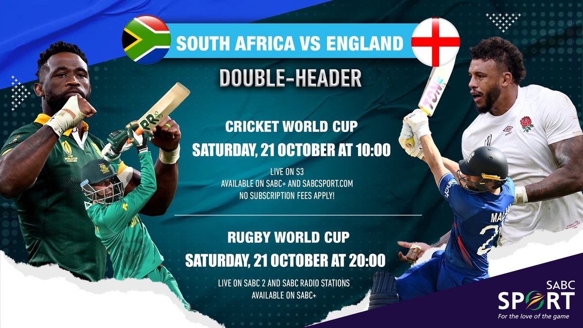 It's a BIG Day for South Africa as the #Proteas and #Springboks are action at the #CWC2023 & #RWC2023 respectively.

Catch the cricket match on @SABC3 at 10:00am, and the rugby match on @SABC_2 at 20:00.

#WeLoveItHere #ENGvRSA