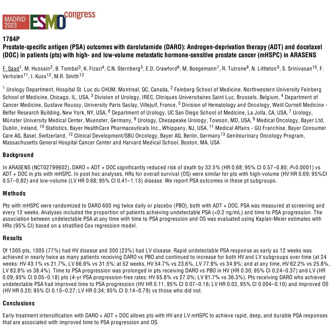 ch_ohlmann's tweet photo. Triple Tx with Daro+Doc in mHSPC and undetectable PSA rates presented at #ESMO2023: another argument for intensified tx in LV mHSPC! https://t.co/FDzwWzY1UX