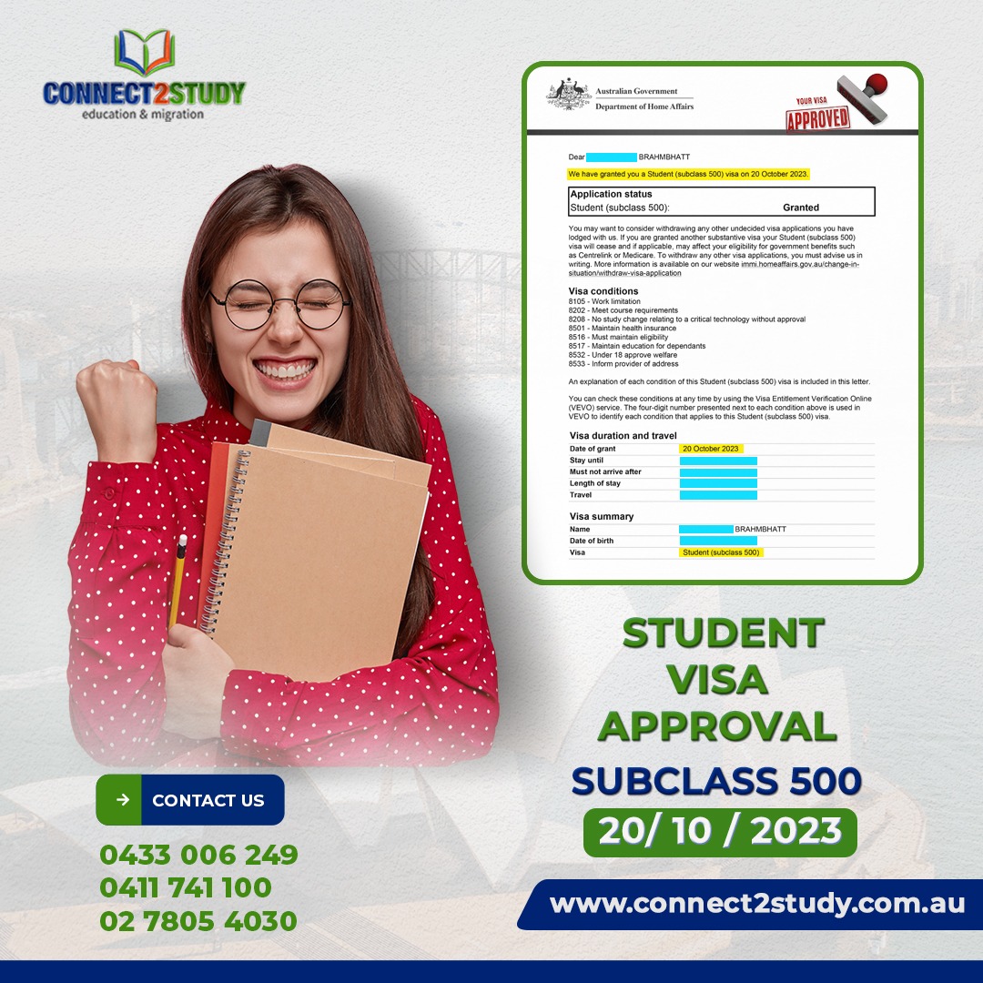 🎓✨ Student Visa Approved! ✨🎓

Congratulations on your Student Visa approval with Connect2Study! 🌟

#StudentVisaApproval #Connect2StudySuccess #EducationJourneyBegins #WishingSuccess #Connect2StudyAchievements #StudentVisaTriumph #NewBeginningsWithConnect2Study