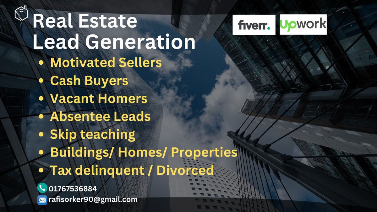 Real estate Lead Generation Services
 
I am Professional Real Estate lead Generation LinkedIn Lead Generation Prospect List Building Business Expert.

What's app number: 01767536884
Fiverr Link : lnkd.in/ghmE8Sry
lnkd.in/gjgkvdA5
lnkd.in/g5p9dWRN