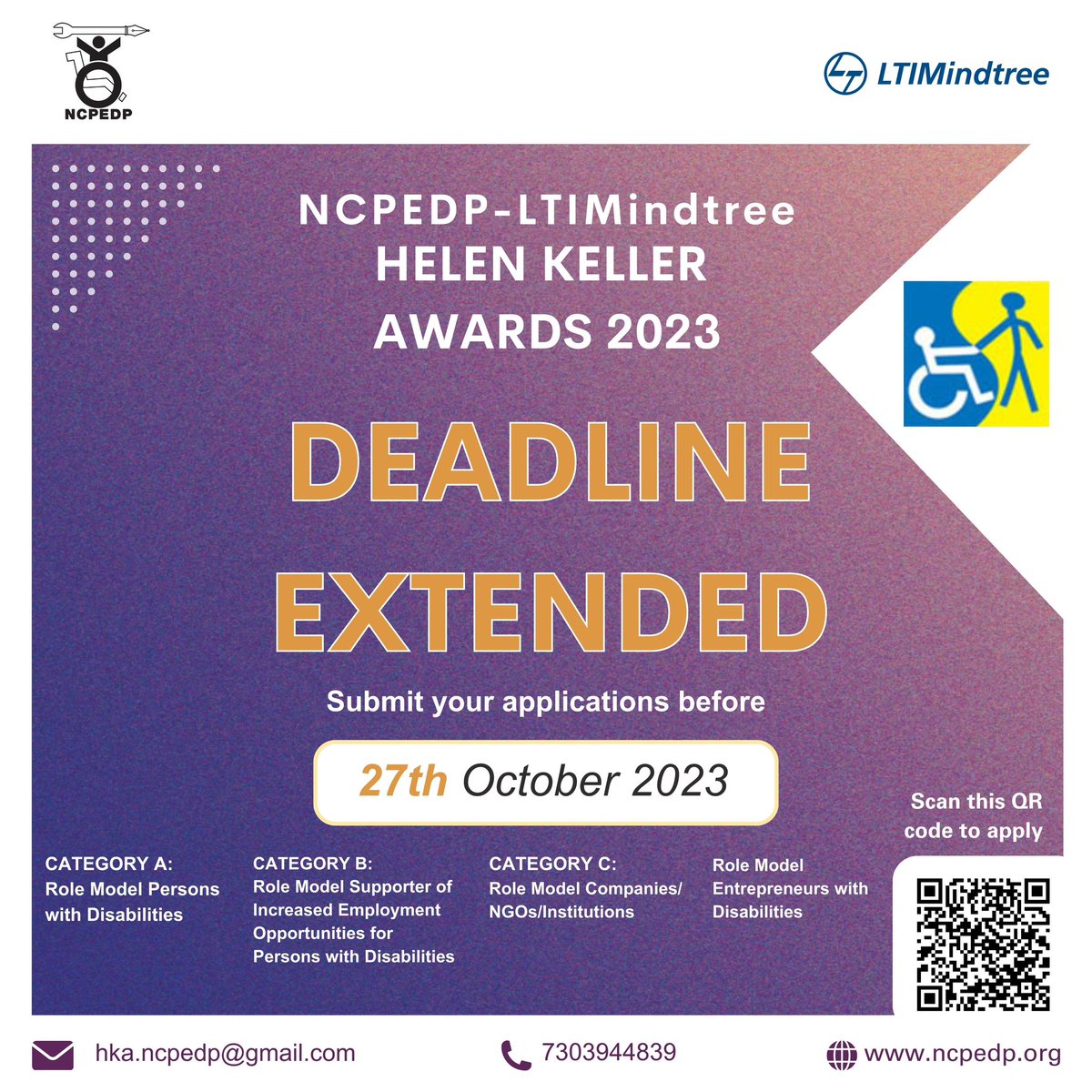 📢 Exciting Update! The nominations deadline for the 24th NCPEDP-@LTIMindtreeOFCL Helen Keller Awards, recognizing disability inclusion champions in employment, has been extended until October 27, 2023.

Don't wait any further, nominate now! 

ncpedp.org/the-ncpedp-min…

#ApplyNow