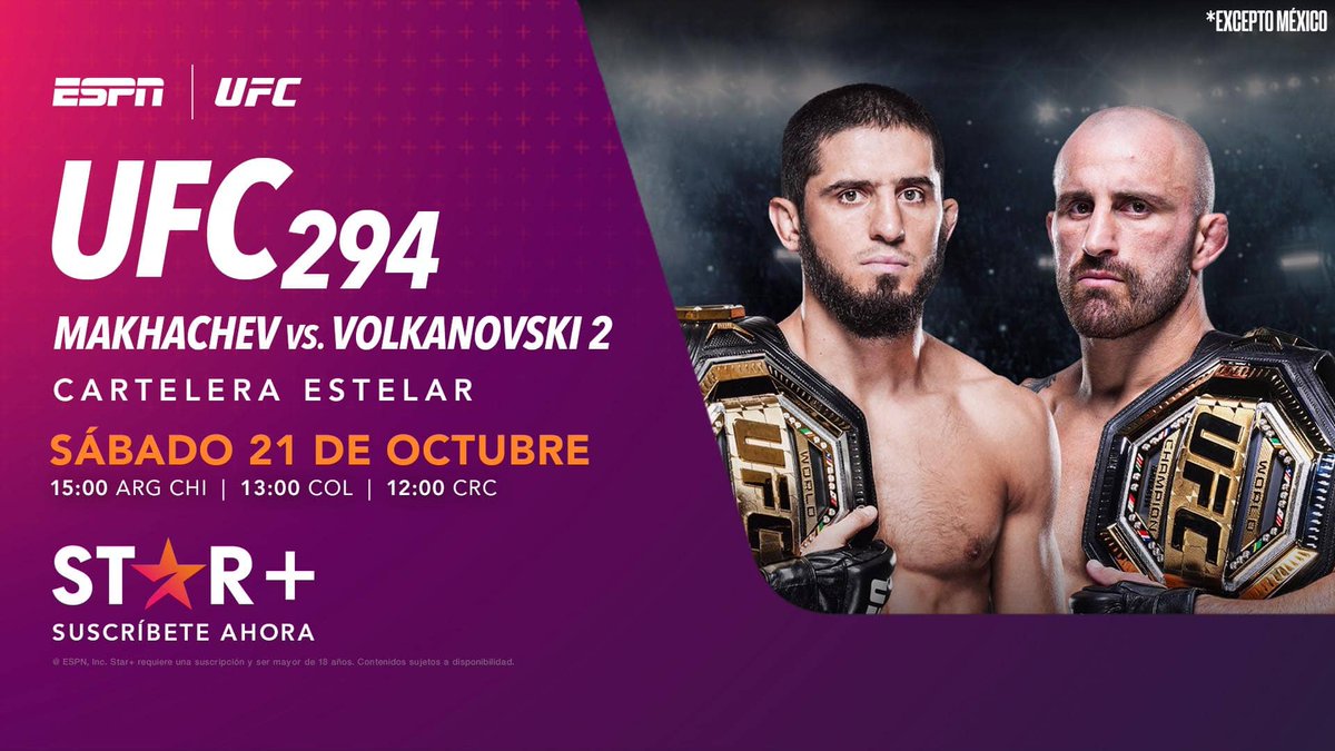 ESPNKnockOut's tweet photo. HOY HOY HOY!!!

👊 Islam Makhachev 🇷🇺 vs Alexander Volkanovski 🇦🇺 (Título UFC 🏆 del peso ligero)
👊 Khamzat Chimaev 🇸🇪 vs Kamaru Usman 🇳🇬
👊 Y +!

La cartelera completa del #UFC294 va 🔥 EN VIVO 🔥 en 📺 @StarPlusLA 

11:00 🇦🇷🇺🇾🇨🇱
10:00 🇩🇴🇧🇴🇻🇪🇵🇾
  9:00 🇨🇴🇵🇪🇪🇨🇵🇦
  8:00 🇳🇮🇬🇹🇸🇻🇨🇷🇭🇳 https://t.co/8ONnXiptbb