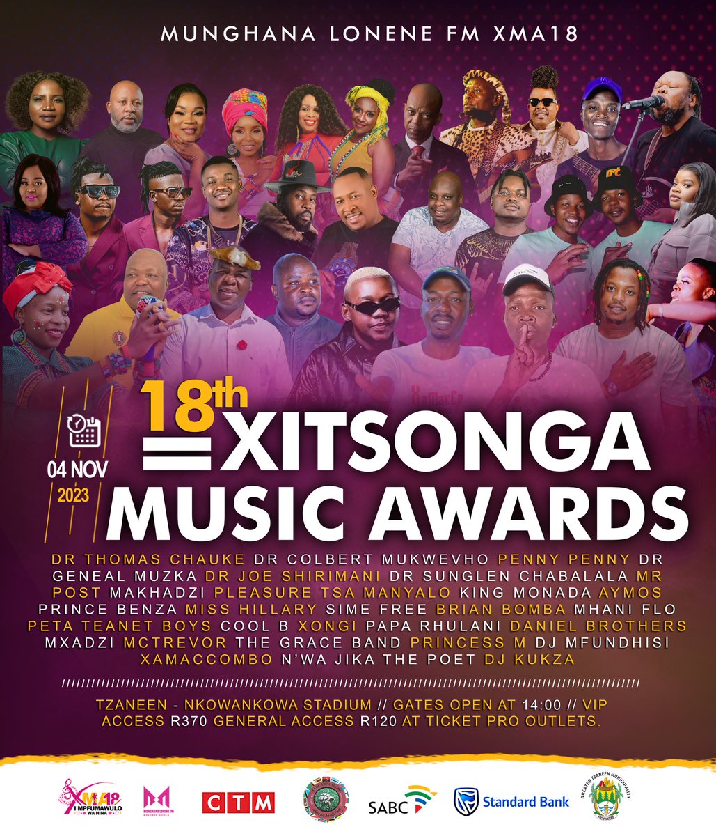 Nxaxamelo wa vayimbeleri eka XMA18 🔥🔥🔥 kuma thikithi ra wena ra Xitsonga Music Awards 18 #XMA18 ra General Access hi R120 kumbe ra VIP Access hi R370 u ta tiphina hi vuyimbeleri bya tintlambhi leti.
#IMpfumawuloWaHina