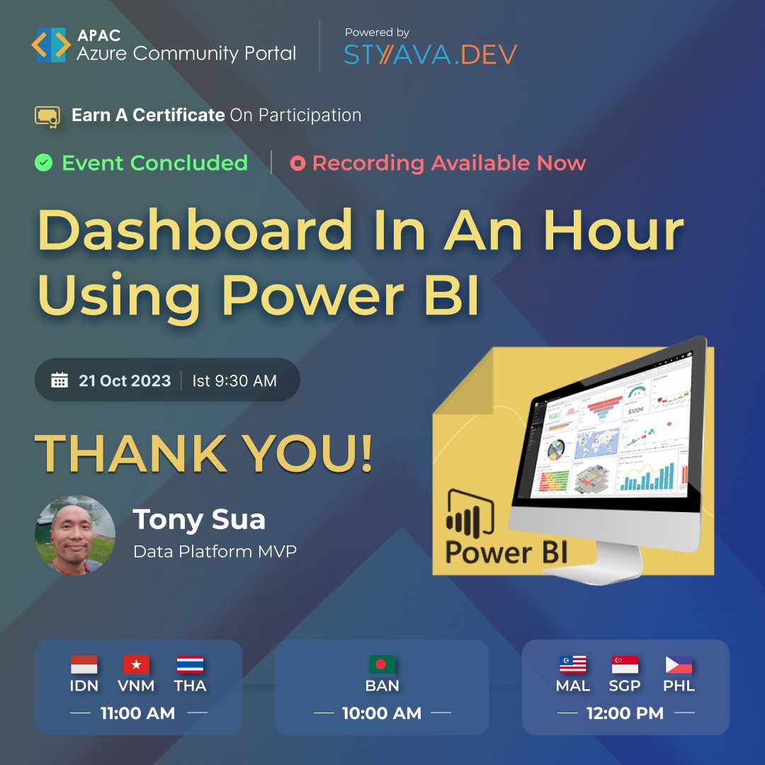 StyavaD's tweet image. We joined with Tony Cua, a Microsoft MVP, in an interactive session where we explored the essentials of creating a dashboard in Power BI. 

Watch the recording📺: smpl.is/7zvko

#powerBI #dashboardcreation #datavisualization #microsoftmvp
