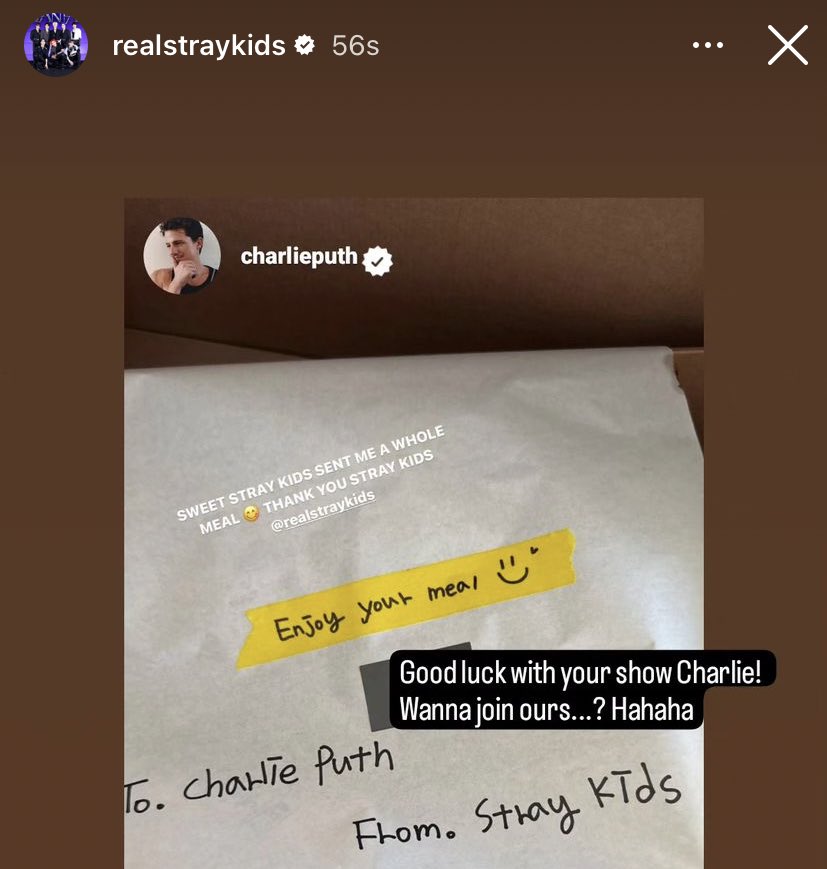 stray kids reposted charlie puth's instagram story: 'good luck with your show charlie! wanna join ours...? hahaha'