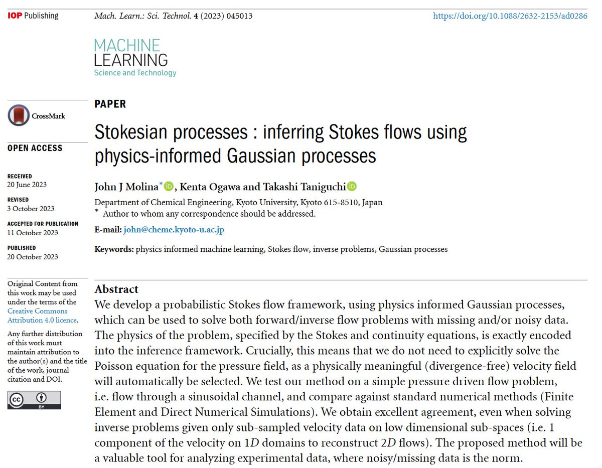 Great new work by @molinajohnj Kenta Ogawa and Takashi Taniguchi @KyotoU_News - 'Stokesian processes : inferring #Stokes flows using #physics-informed #Gaussian processes' - iopscience.iop.org/article/10.108… #machinelearning #statphys #compchem #fluiddynamics #complexity #nonlineardynamics…