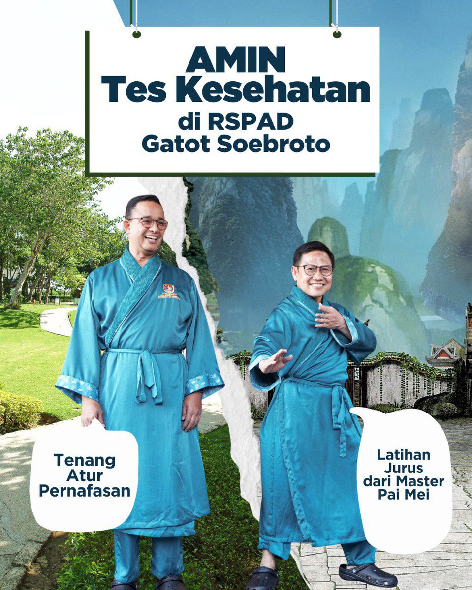 Tes Kesehatan di RSPAD Gatot Soebroto, 

Mas <a href="/aniesbaswedan/">Anies Rasyid Baswedan</a> : Tenang, Atur Pernafasan
Gus @cakiminow : Latihan Jurus dari Master Pai Mei 🤣

#AMINkanIndonesia 
#aniesmuhaimin2024