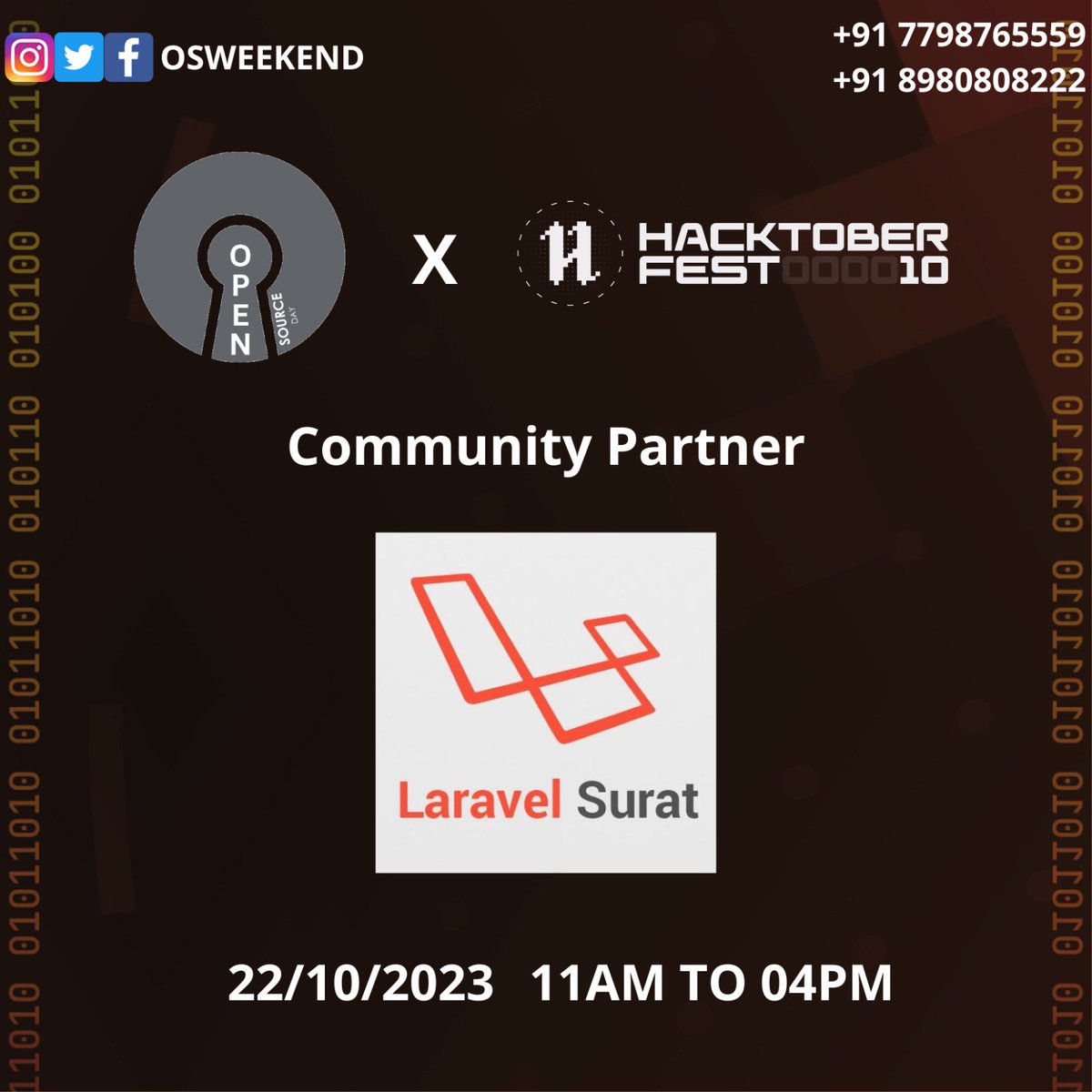 OSWeekend's tweet photo. Open Source Day X Hacktoberfest
Thank you @LaravelSurat for supporting us
Date: 22/10/2022
Time: 11.00 AM to 04.00 PM
Venue: DevX, Ahmedabad
Register Now: https://t.co/gz4zWkalti
#OpenSource #OpenSourceWeekend #OSWeekend #OSW #OSWGujarat #Hacktoberfest #opensourcetalk https://t.co/bfSSNcUhfb