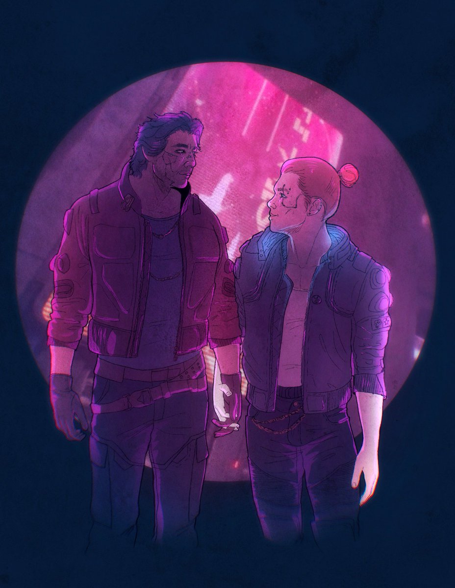 cyanfacade's tweet photo. i put bode and cal into jackie's and v's outfits from cyberpunk for a little fusion thing except it's cyberpunky times on coruscant and NOTHING bad happens to bode. they are just on a date #jedisurvivor #calkestis #bodeakuna #spyscrapper https://t.co/8FRL4qTR9M