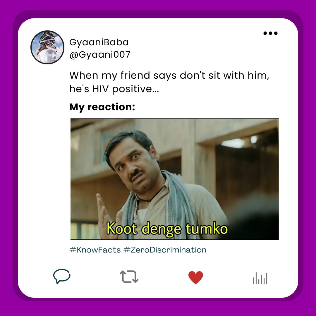 NACOINDIA's tweet photo. HIV does not spread through sitting, eating, sharing, and working with an #HIVPositive person.
#KnowFacts #HaveCorrectInformation and #StayUpdated
@MoHFW_INDIA https://t.co/YWaLfesbSN