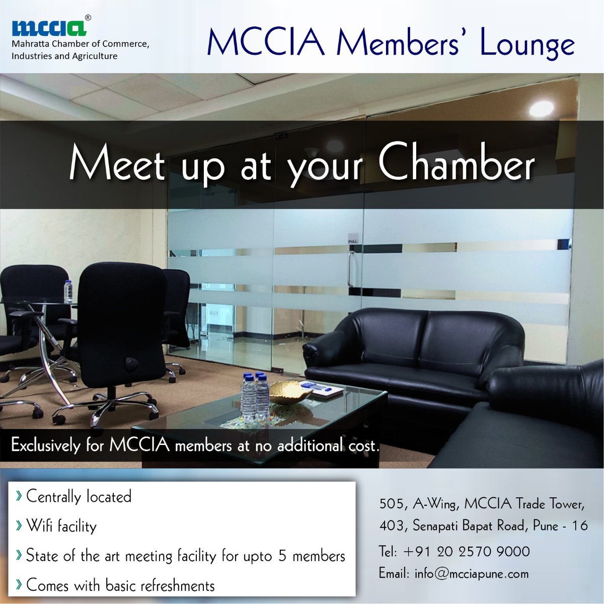 We @MCCIA_Pune run various initiatives for our members and support them in their business journeys. One such initiative is our Members' Lounge, which is run exclusively for our members at no cost! Book a slot: mcciapune.com/hallbookings/h… Join us as a member:…