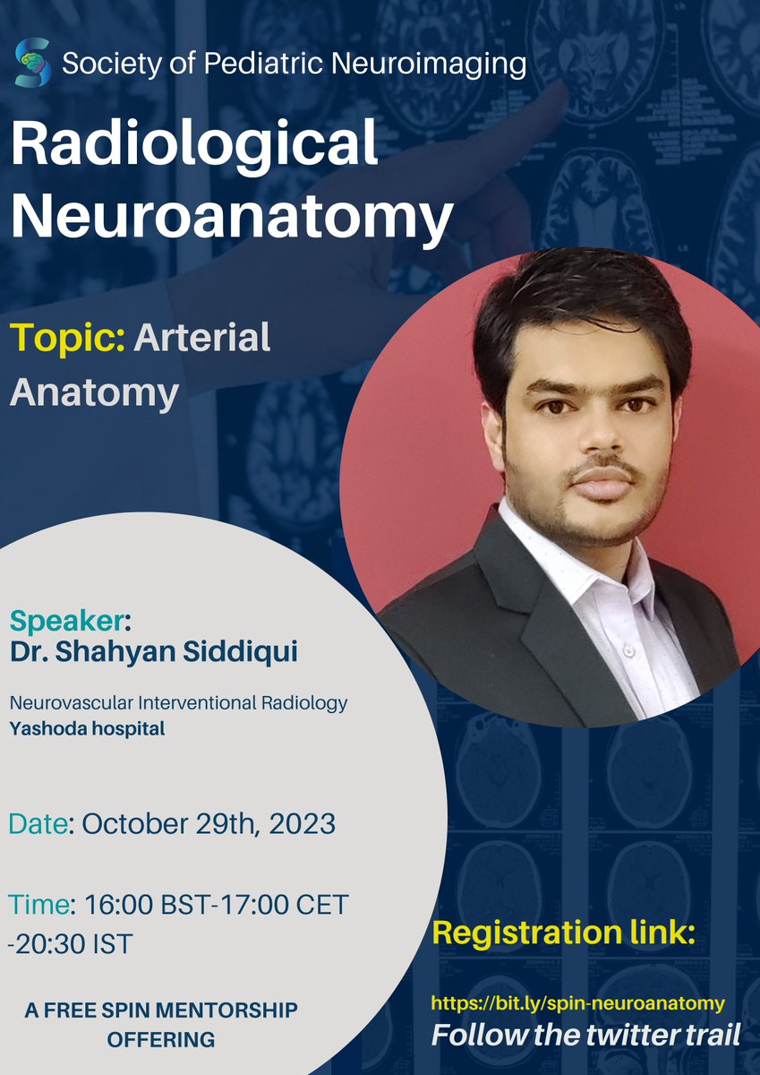 📣Announcing the next edition of our Neuroanatomy series: Arterial Anatomy by Dr. Shahyan Siddiqui. 

Our live sessions are free offerings to all #medicalstudents #radiologyresidents #radiologists  

Link to register: 
bit.ly/spin-neuroanat…
