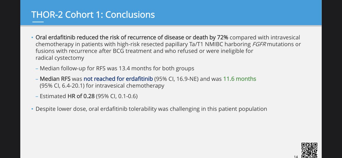 BenjaminPradere's tweet image. 👀#ESMO23 @JimCatto presenting the impressive results of erdafitinib in HR-NMIBC with FGFR mutations THOR-2

Nevertheless Adverse Events 🤕 remain important in this population
🔮Future: erdafitinib instillated directly in the Bladder TAR-210