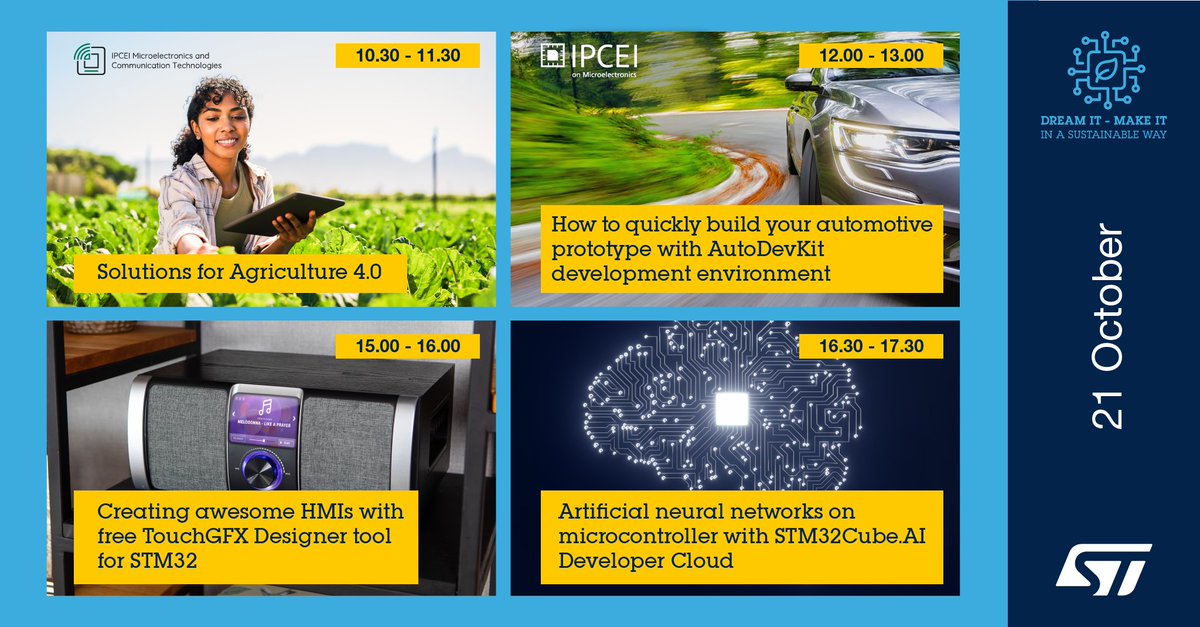 ST_World's tweet image. Day2 agenda @MakerFaireRome: we’re showcasing solutions for Agriculture 4.0, automotive prototyping with AutoDevKit, TouchGFX Designer tool, #STM32CubeAI Developer Cloud with Filippo Colaianni, Alessandro Troisi, Gerardo Gallucci, Filippo Naccari #MFR2023▶️spkl.io/60194WfRP