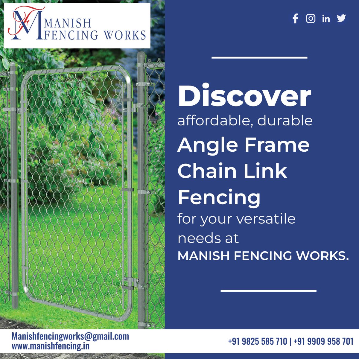 Discover affordable and durable angle frame chain link fencing for versatile needs at Manish Fencing Works. 

#ManishFencingWorks #angleframe #chainlink #ReliableDefense #bestquality #FencingSolutions #SafeAndSecure #GetFenced #FencingInstallation #wire #wirefencing #ahmedabad
