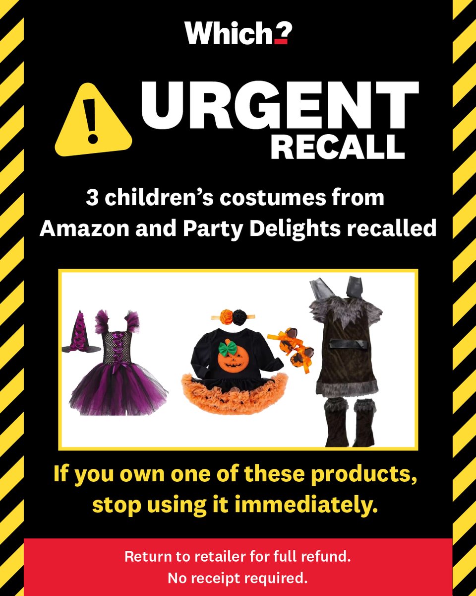 WhichUK's tweet image. ⚠️ URGENT RECALL ⚠️ 

3 children's costumes from Amazon and Party Delights recalled.

If you own one of these products, stop using it immediately.

Return to retailer for full refund. No receipt required.