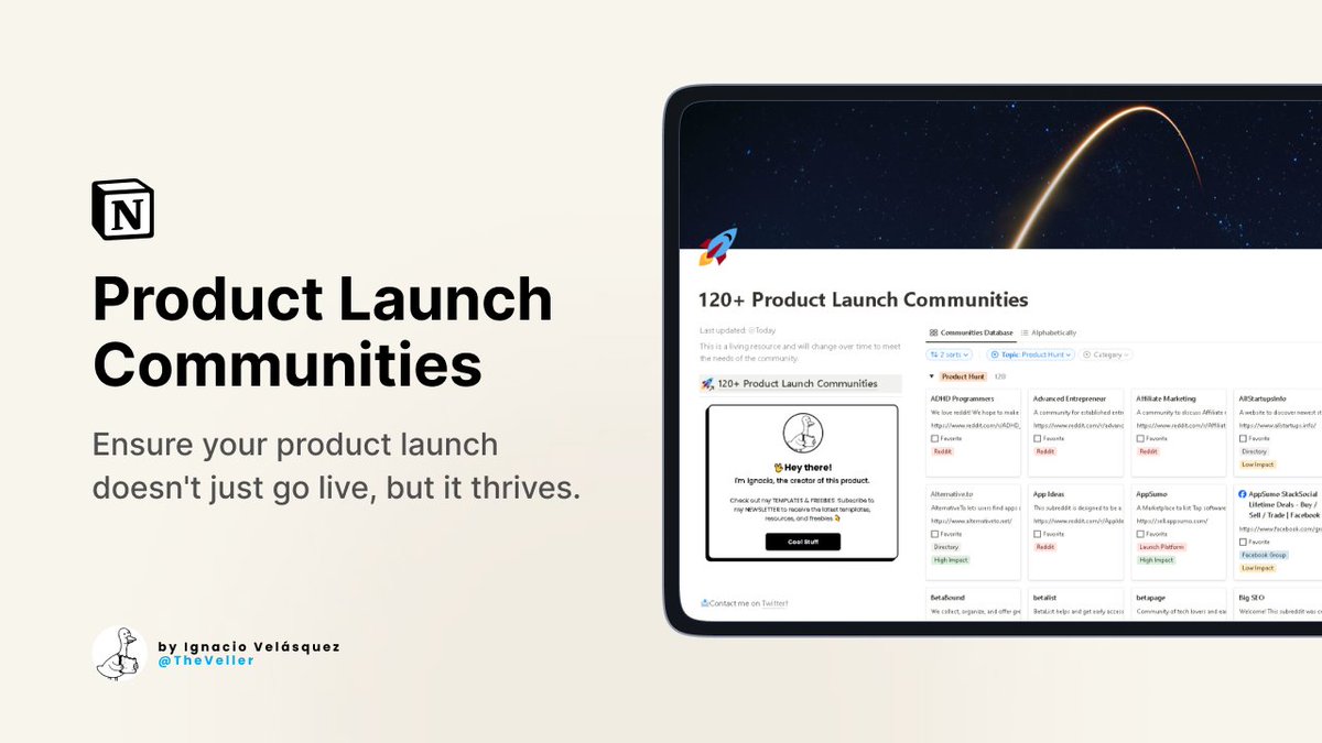 TheVeller's tweet photo. Launching a digital product is easy.

But most people don't know where to share.

That's why I built 120+ Product Launch Communities 

• Groups
• Directories
• Launchpads

It's 100% FREE!

Just:

• Follow
• Like &amp; share
• Reply "🚀"

I'll DM you. https://t.co/IlMLmqU22U