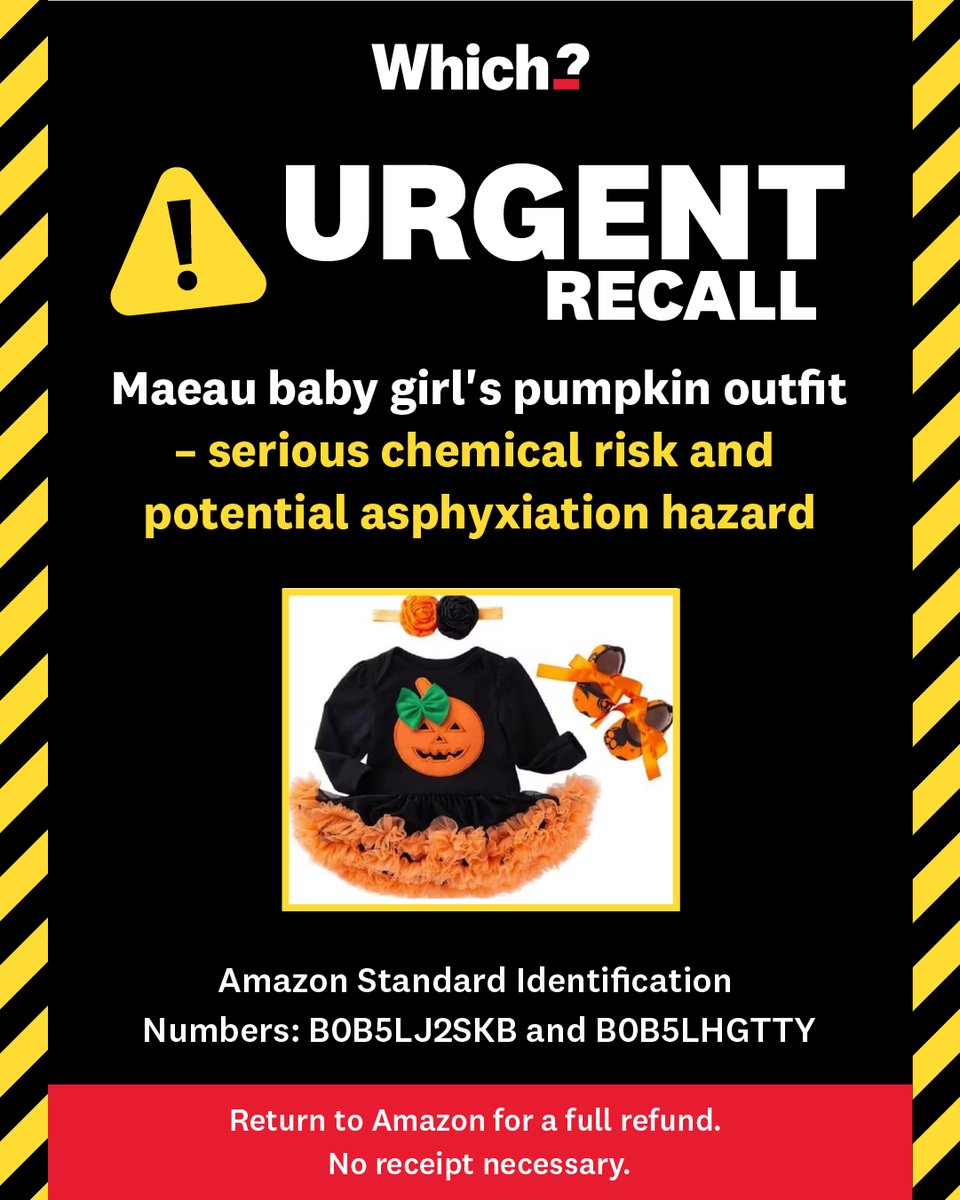 WhichUK's tweet image. ⚠️ URGENT RECALL ⚠️ 

3 children's costumes from Amazon and Party Delights recalled.

If you own one of these products, stop using it immediately.

Return to retailer for full refund. No receipt required.