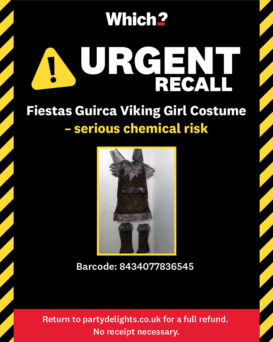 WhichUK's tweet image. ⚠️ URGENT RECALL ⚠️ 

3 children's costumes from Amazon and Party Delights recalled.

If you own one of these products, stop using it immediately.

Return to retailer for full refund. No receipt required.