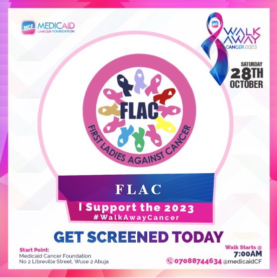 FlacNigeria's tweet photo. On the 28th of October, First Ladies Against Cancer (FLAC) will join in the Nigeria’s biggest cancer awareness walk, the #WalkAwayCancerNG by @MedicaidcfP.

Join us to spread hope and raise awareness about cancer.

Register via: https://t.co/750tgEV9rq

#EarlyDetectionSavesLives https://t.co/NAjAqBELj7