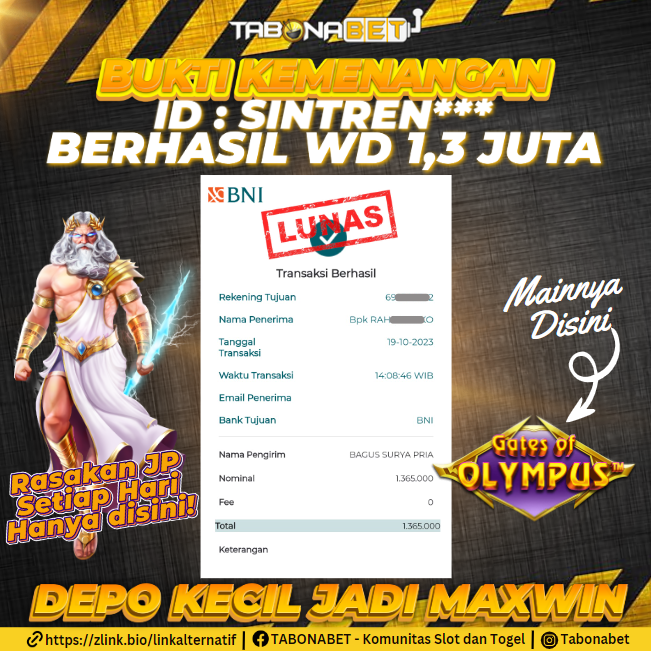 tabonabet's tweet photo. Selamat kepada member setia #Tabonabet bermain di Gates of Olympus berhasil jackpot 1,3 Juta.💰💰💰
Join dan klaim bonus menarik yang tersedia di TabonaBet sekarang! https://t.co/srpDFNlpcy