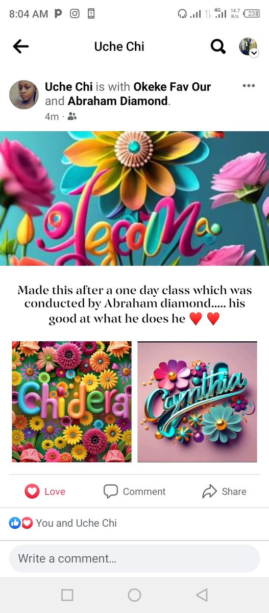 OziliAbraham's tweet photo. After holding a class on how to create name designs with AI yesterday, this is what my students made.
I'm so proud of her.
#GenerativeAI #AIart #namedesign #ideogram #Flowers #Cynthia https://t.co/5k82kU3nQd