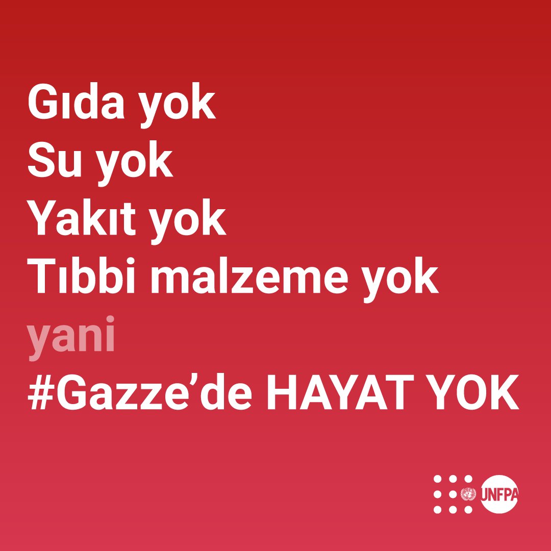 15 gündür ateş altındaki #Gazze’de hayati malzemeler tükenmek üzere. @UNFPA bölgedeki kadınları ve kız çocuklarını destekliyor. Halkın güvenli alanlara geçişi ve Mısır sınırında bekleyen insani yardım malzemelerinin sivillere ulaşması için insani ateşkeş çağrısında bulunuyoruz.