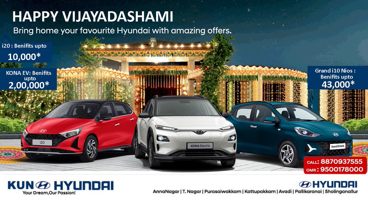 KUN Hyundai wishes everyone a very happy, joyous and prosperous time this Vijayadashami.  

Book now, kunhyundai.com/schedule-test-… or Call 8870937555 | OMR: 9500178000  

#vijayadashami #dussehra #hyundai #hyundaiindia #chennai #i20 #i10nios #alcazar #verna #kona