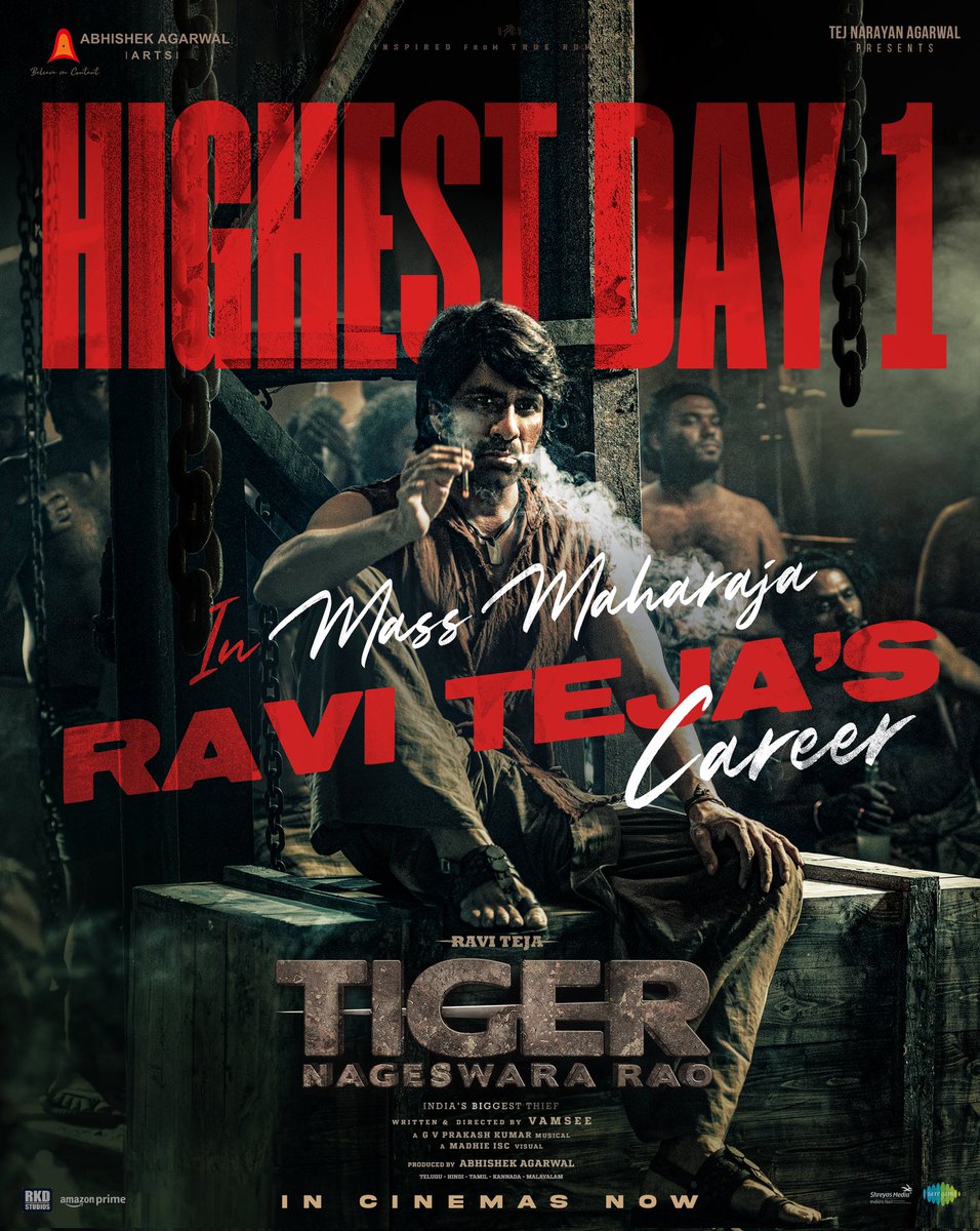 #TigerNageswaraRao takes the CAREER BEST OPENING for MASS MAHARAJA <a href="/RaviTeja_offl/">Ravi Teja</a> ❤️‍🔥

Tiger is serving DASARA FULL MEALS for audience and fans in cinemas 💥

BOOK YOUR TICKETS NOW 🐅
- linktr.ee/TNRTickets

<a href="/DirVamsee/">VAMSY</a> <a href="/AnupamPKher/">Anupam Kher</a> <a href="/AbhishekOfficl/">Abhishek Agarwal 🇮🇳</a> <a href="/NupurSanon/">Nupur Sanon</a> <a href="/gaya3bh/">Gayatri Bhardwaj</a>